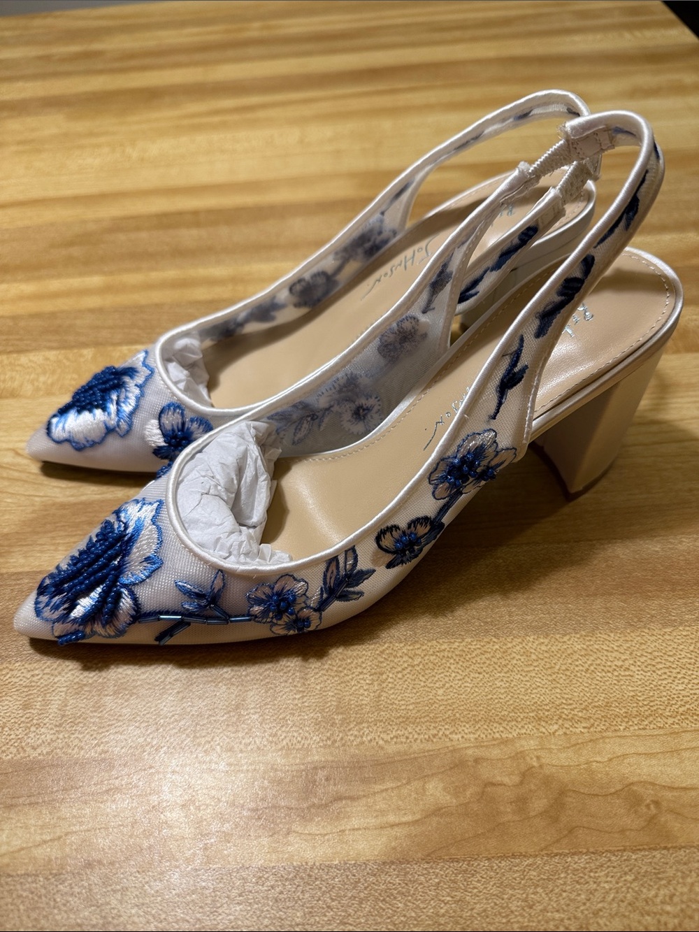 Betsey Johnson Page | White Pointed Slingback Flats with Blue Floral Embroidery